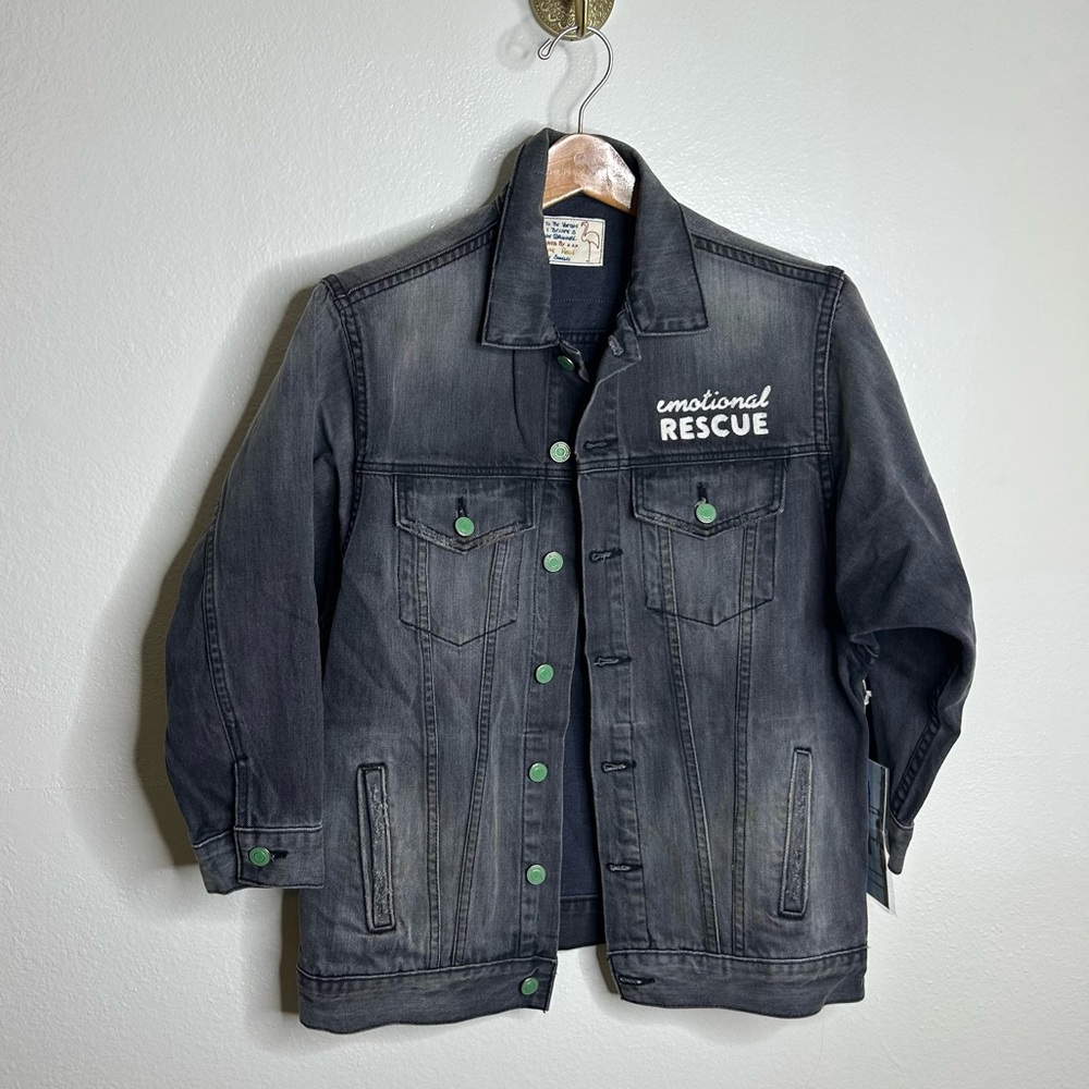 NWT Sandrine Rose Black Denim Cropped Embrodiered Jacket Size Small